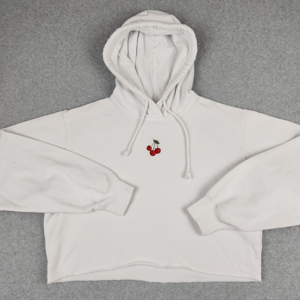 Hollister Hoodie Womens Small White Cherry Embroidered Cropped Raw Hem‎ Relaxed